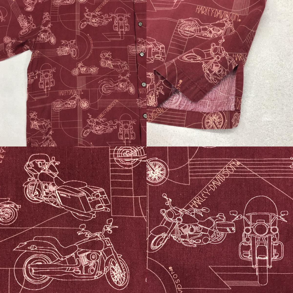 【中古】HARLEY-DAVIDSON | ハーレーダビットソン 半袖シャツ Harley-Davidson レーヨン混 ビンテージ シャツ 90s ハーレーダビッドソン HARLEY DAVIDSON バイク柄 アロハシャツ 総柄シャツ バーガンディー ボルドー/バーガンディー サイズ:L【加古川物流】