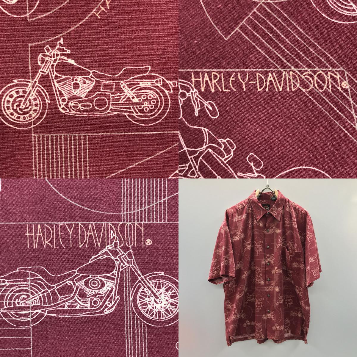 【中古】HARLEY-DAVIDSON | ハーレーダビットソン 半袖シャツ Harley-Davidson レーヨン混 ビンテージ シャツ 90s ハーレーダビッドソン HARLEY DAVIDSON バイク柄 アロハシャツ 総柄シャツ バーガンディー ボルドー/バーガンディー サイズ:L【加古川物流】