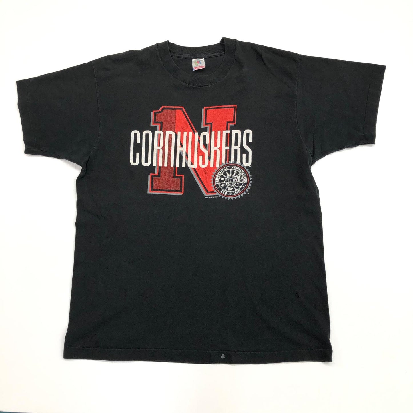 【中古】 FRUIT OF THE LOOM フルーツオブザルーム 90年代 CORNHUSKERS コーンハスカーズ チームロゴ 前面プリント シングルステッチ USA製 ヴィンテージ 半袖Tシャツ ブラック サイズ:L【加古川物流】