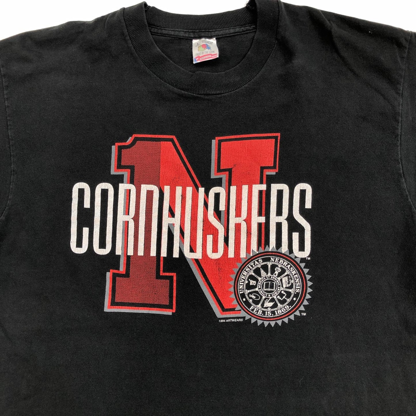 【中古】 FRUIT OF THE LOOM フルーツオブザルーム 90年代 CORNHUSKERS コーンハスカーズ チームロゴ 前面プリント シングルステッチ USA製 ヴィンテージ 半袖Tシャツ ブラック サイズ:L【加古川物流】