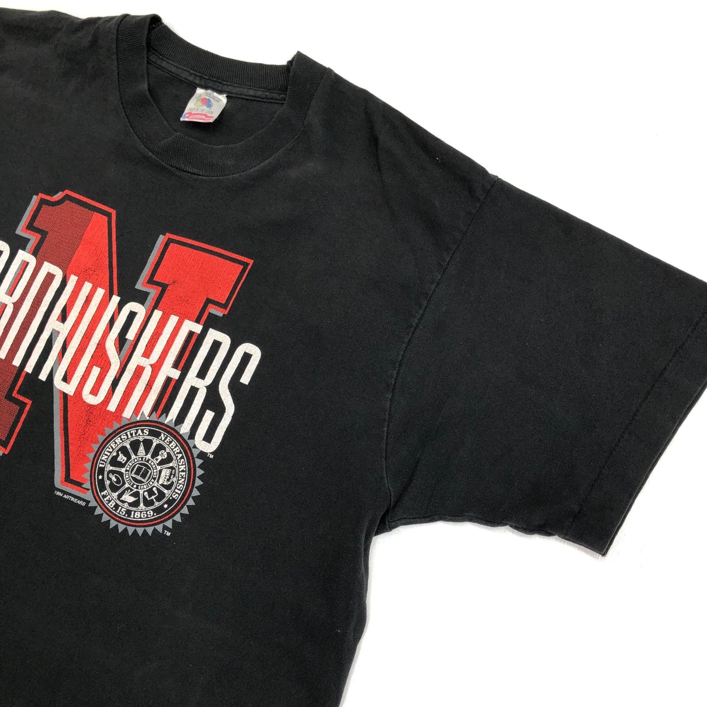 【中古】 FRUIT OF THE LOOM フルーツオブザルーム 90年代 CORNHUSKERS コーンハスカーズ チームロゴ 前面プリント シングルステッチ USA製 ヴィンテージ 半袖Tシャツ ブラック サイズ:L【加古川物流】