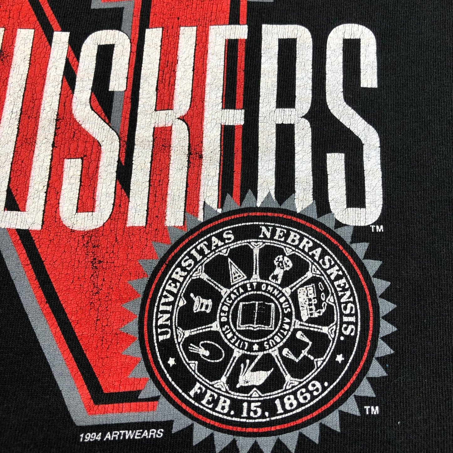 【中古】 FRUIT OF THE LOOM フルーツオブザルーム 90年代 CORNHUSKERS コーンハスカーズ チームロゴ 前面プリント シングルステッチ USA製 ヴィンテージ 半袖Tシャツ ブラック サイズ:L【加古川物流】