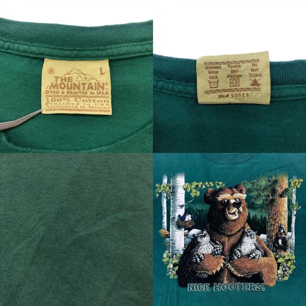 【中古】 THE MOUNTAIN ザ マウンテン NICE HOOTERS 熊 半袖Tシャツ グリーン サイズ:L【加古川物流】