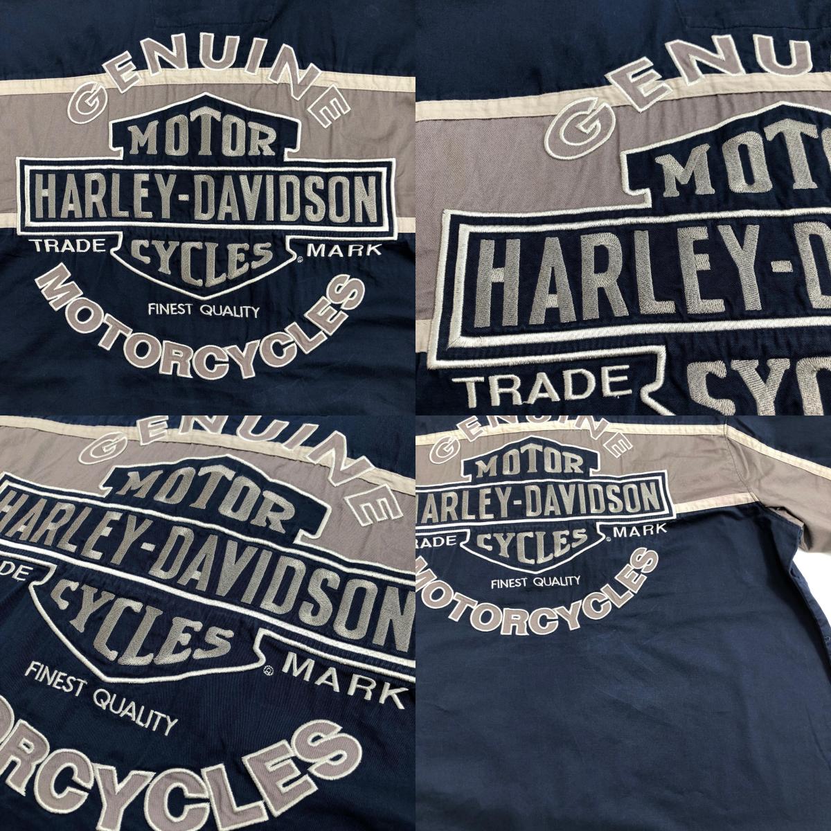 【中古】HARLEY-DAVIDSON | ハーレーダビットソン 背面デカロゴ ワークシャツ 半袖シャツ ネイビー サイズ:L【加古川物流】