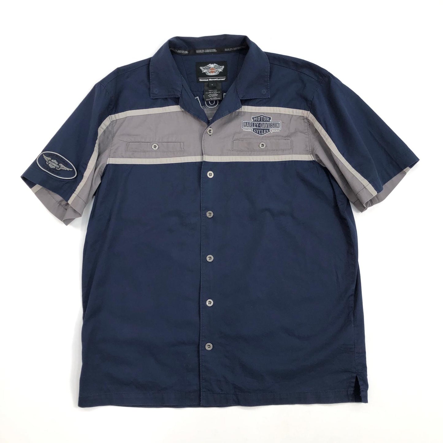 【中古】HARLEY-DAVIDSON | ハーレーダビットソン 背面デカロゴ ワークシャツ 半袖シャツ ネイビー サイズ:L【加古川物流】