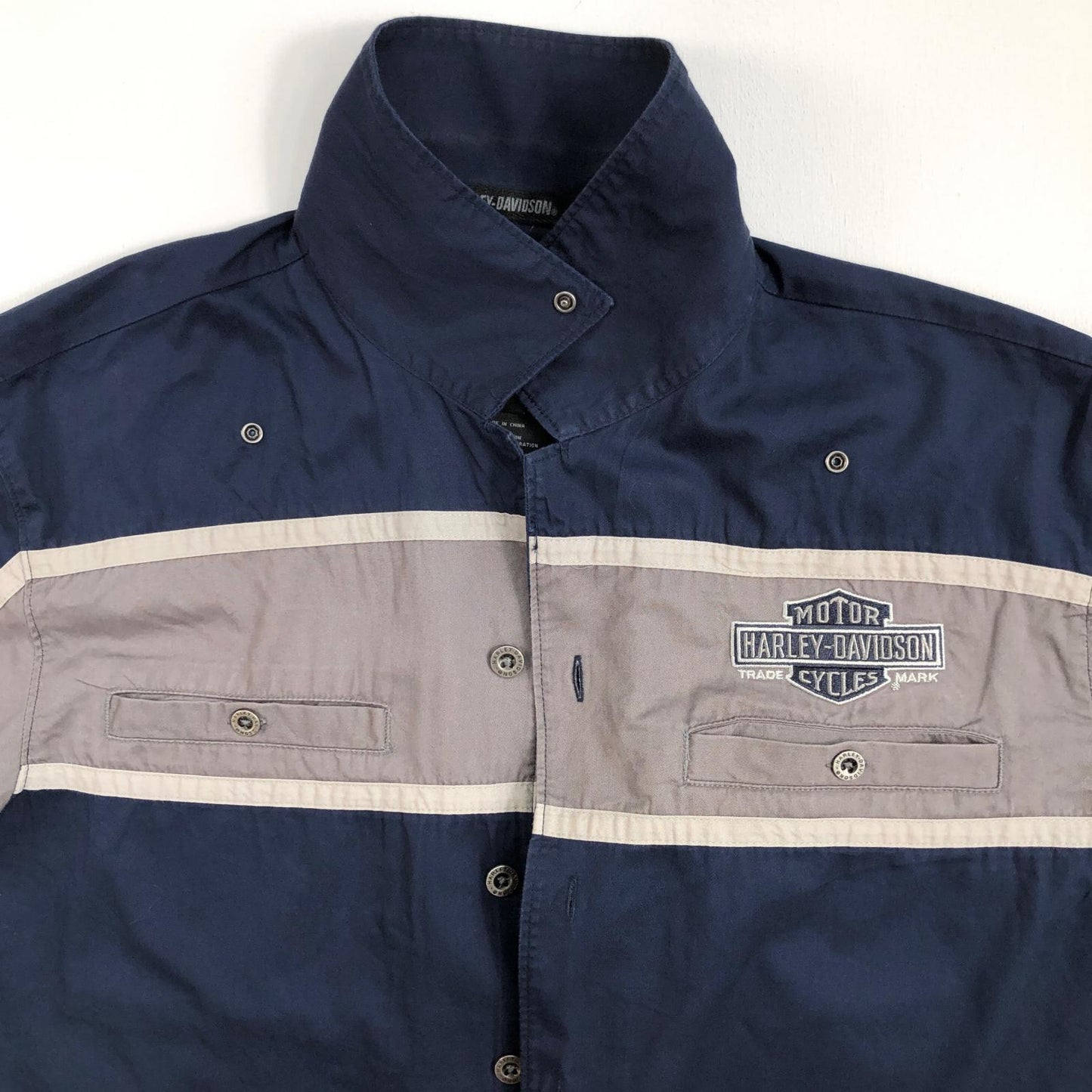 【中古】HARLEY-DAVIDSON | ハーレーダビットソン 背面デカロゴ ワークシャツ 半袖シャツ ネイビー サイズ:L【加古川物流】