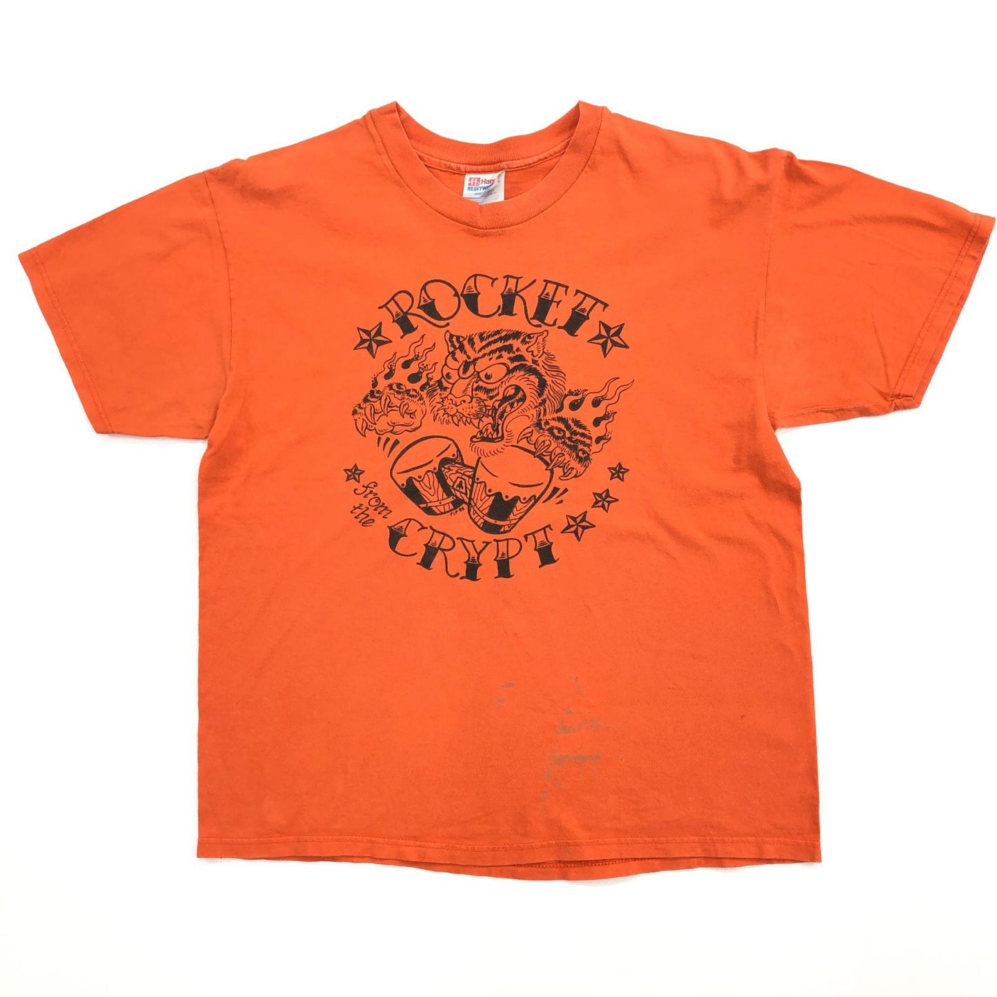 【中古】 Hanes HEAVYWEIGHT ヘインズ ヘビーウェイト 00年代 ROCKET FROM THE CRYPT 前面プリント タイガー 半袖Tシャツ オレンジ サイズ:L【加古川物流】