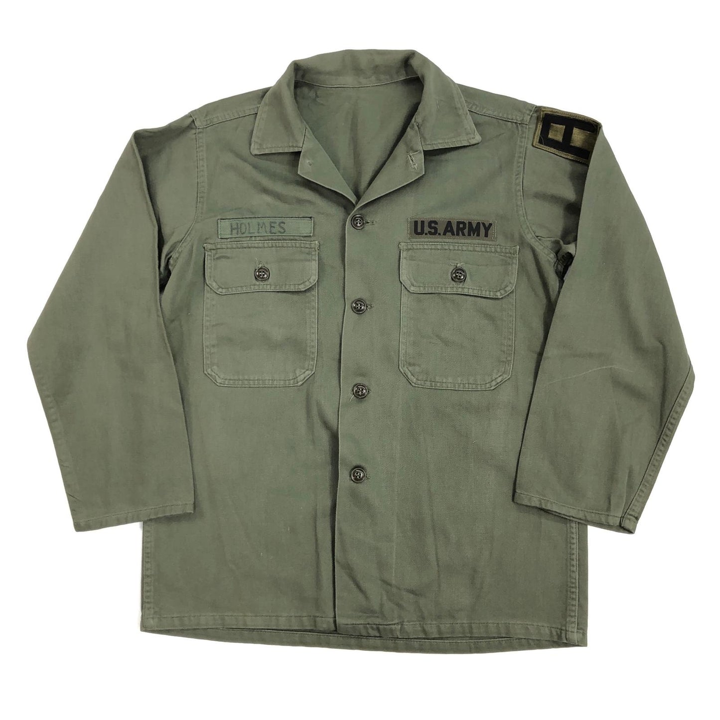 【中古】 60年代 US ARMY OG-107 コットン サテン ユーティリティ 筒袖 長袖シャツ OG-107 オリーブ【加古川物流】