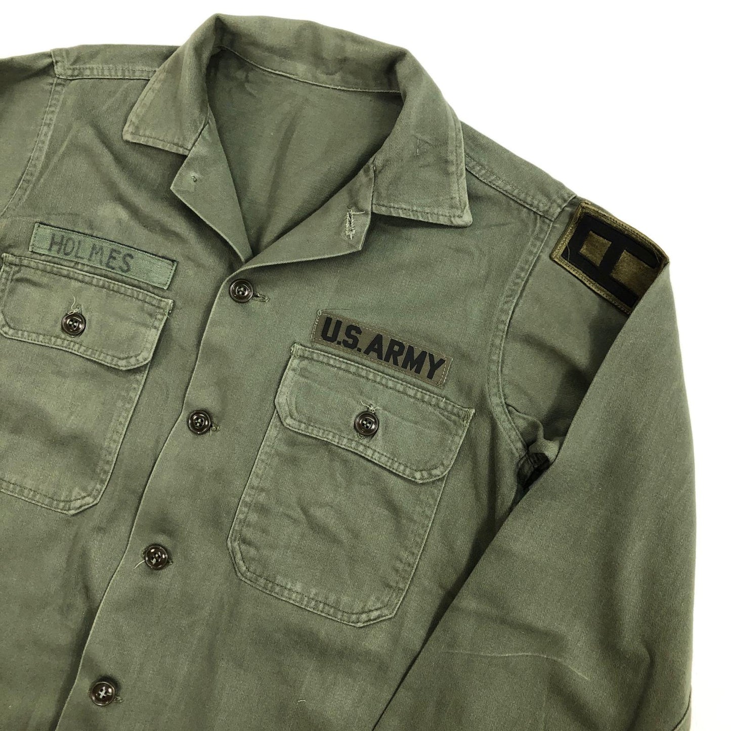 【中古】 60年代 US ARMY OG-107 コットン サテン ユーティリティ 筒袖 長袖シャツ OG-107 オリーブ【加古川物流】