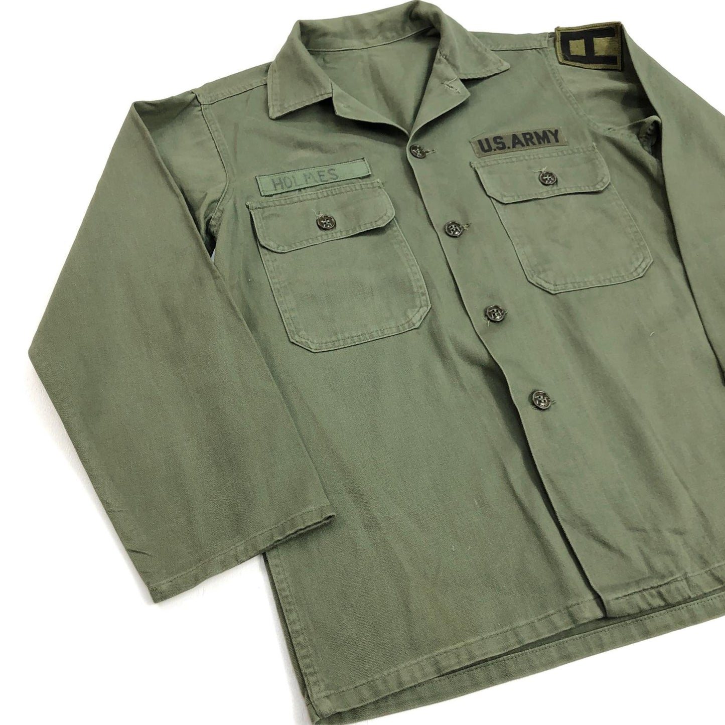 【中古】 60年代 US ARMY OG-107 コットン サテン ユーティリティ 筒袖 長袖シャツ OG-107 オリーブ【加古川物流】