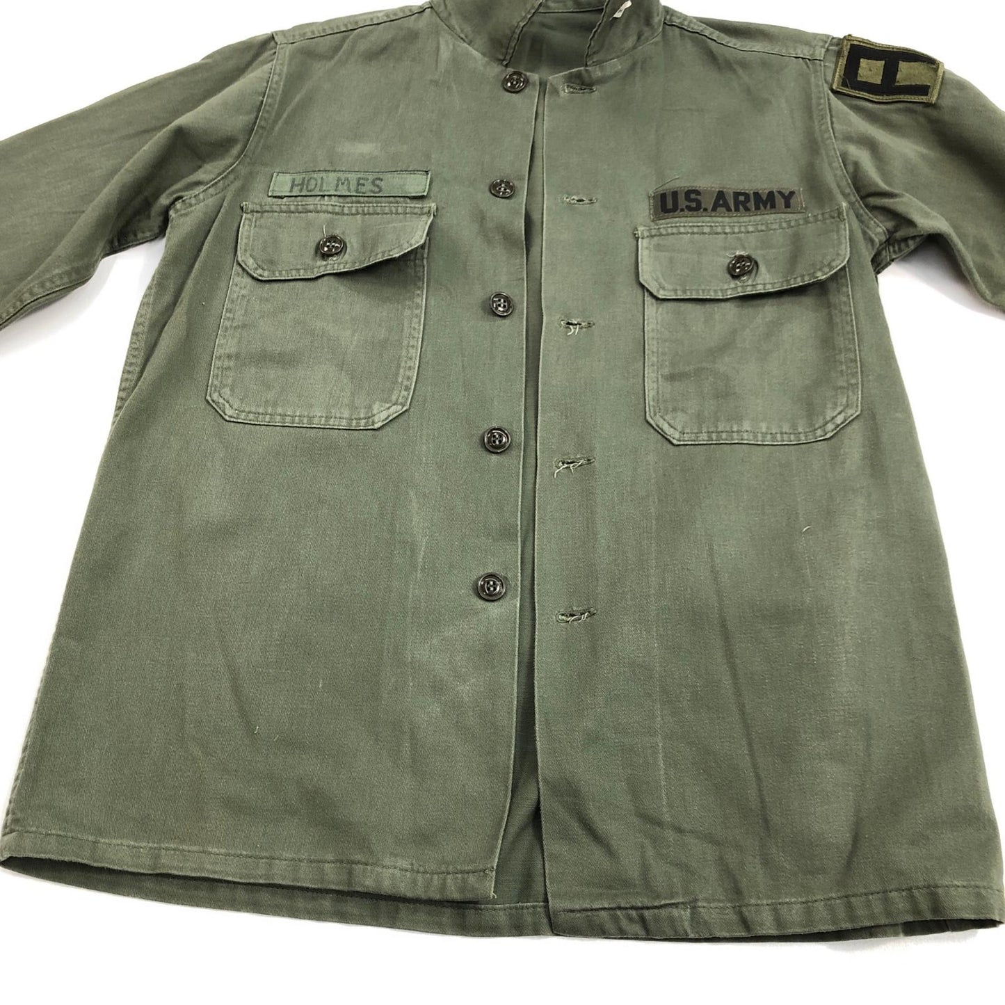【中古】 60年代 US ARMY OG-107 コットン サテン ユーティリティ 筒袖 長袖シャツ OG-107 オリーブ【加古川物流】