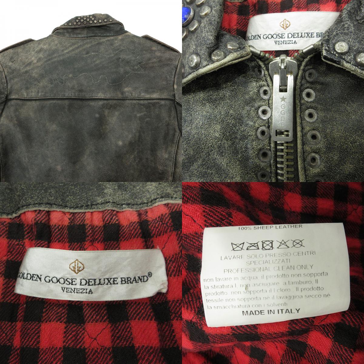 GOLDEN GOOSE DELUXE BRAND | ゴールデングースデラックスブランド USED加工スタッズ付シープスキンレザージャケット ダメージ加工 レザー G21U532.A4 グレー ブラック系 サイズ:XS【三重本店】