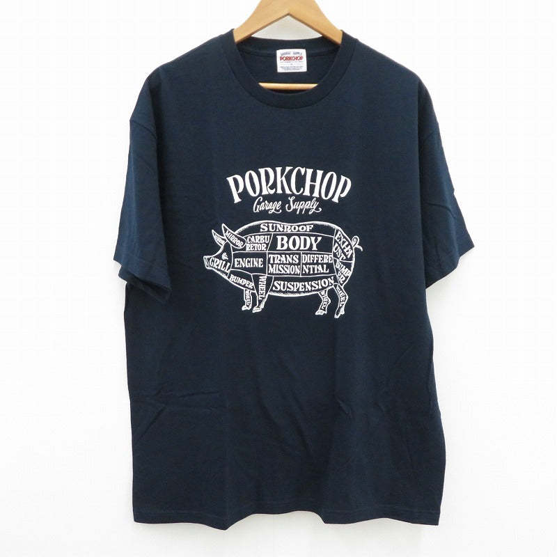 PORK CHOP | ポークチョップ GARAGE SUPPLY PORK FRONT TEE 半袖Ｔシャツ P0451 ネイビー サイズ：XL【瀬戸大橋店】