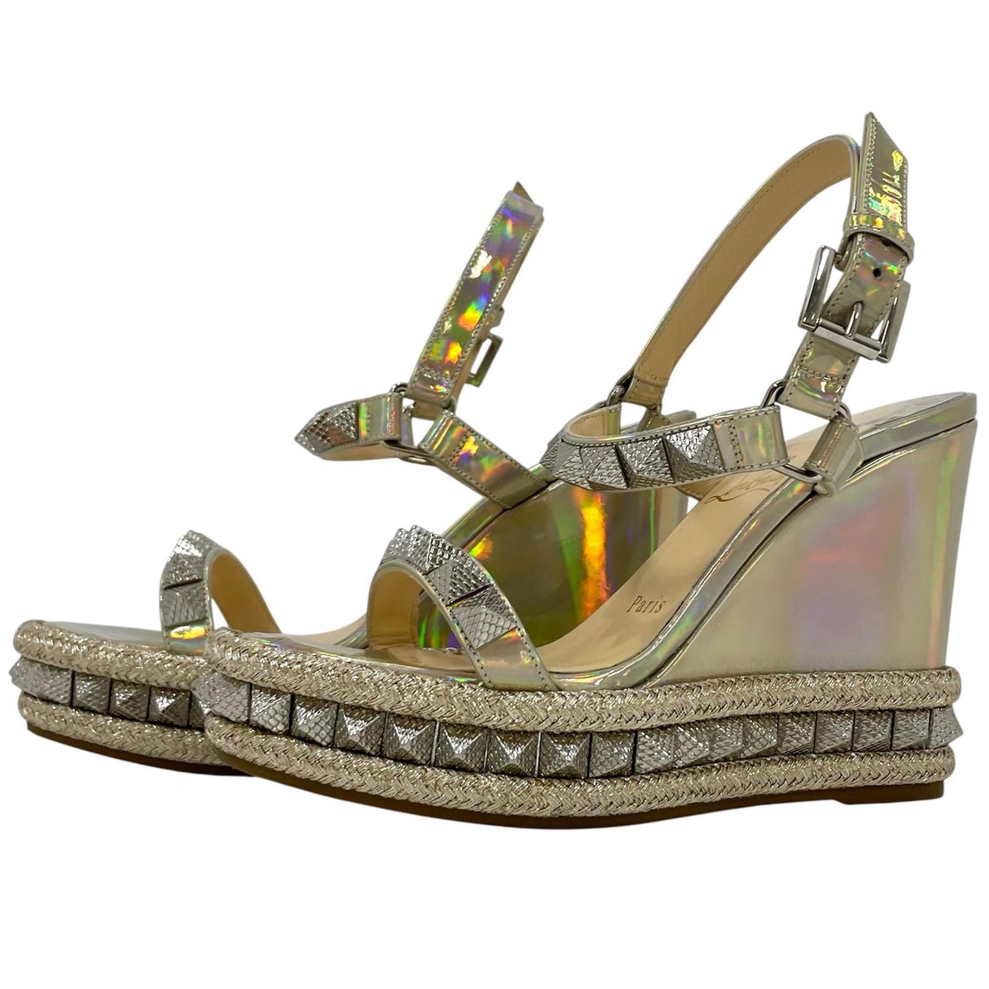 【中古】Christian Louboutin | クリスチャンルブタン ピラクルー 110 パテント サイキック ウェッジソール サンダル スタッズ シルバー サイズ：35【尾張小牧店】