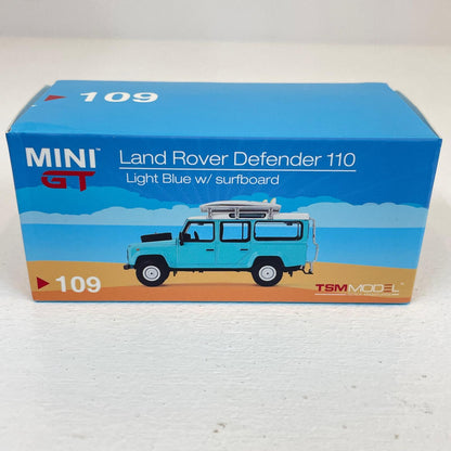 MINI GT 1/64 ランドローバー ディフェンダー 110 Light Blue w/surfboard【尾張小牧店】