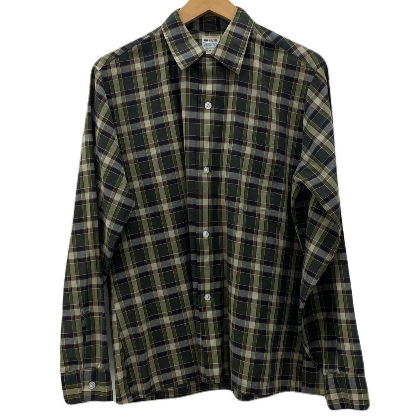 【中古】VINTAGE | ビンテージ ヴァン 60s　ヒューセン　オープンカラーシャツ　チェック柄長袖シャツ グリーン【尾張小牧店】