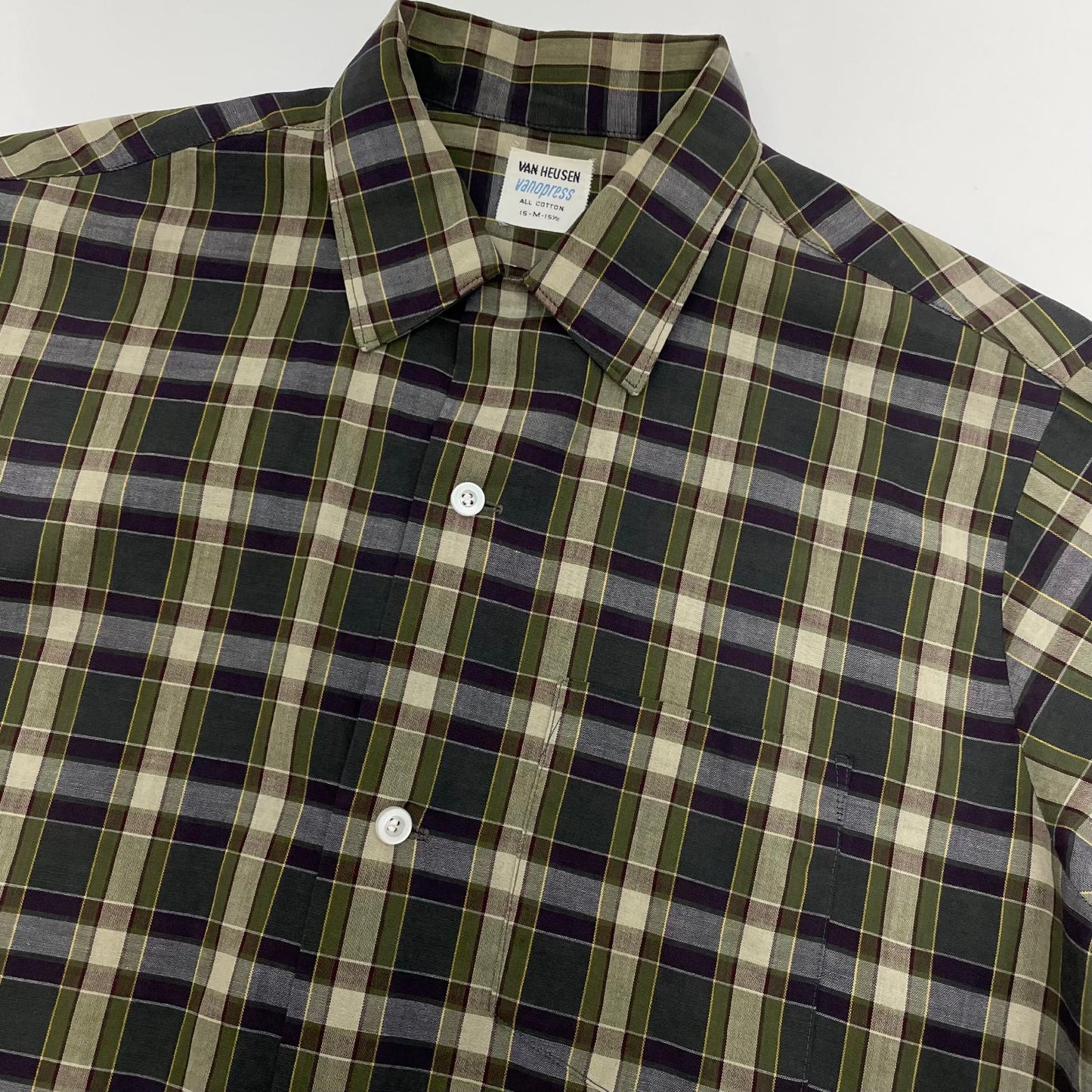 【中古】VINTAGE | ビンテージ ヴァン 60s　ヒューセン　オープンカラーシャツ　チェック柄長袖シャツ グリーン【尾張小牧店】