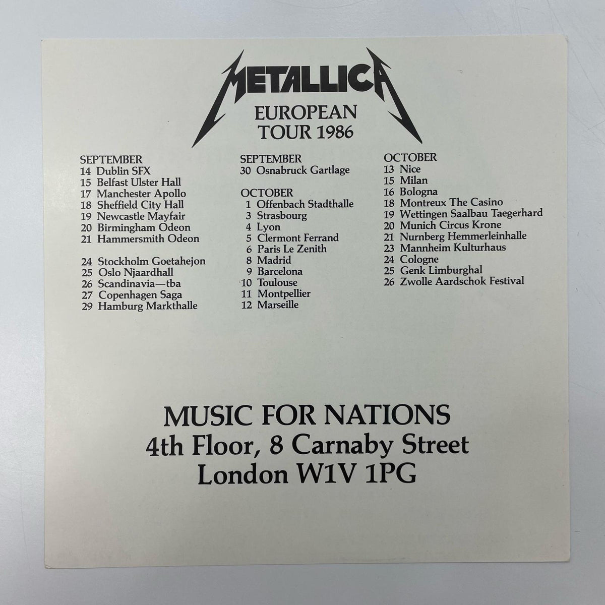 【尾張小牧店】LP METALLICA メタリカ MASTER OF PUPPETS 1986年UKオリジナル最初期盤 MFN60/RR9717 当時モノ幻の1986ツアー告知・注文用紙付属【レトロ】