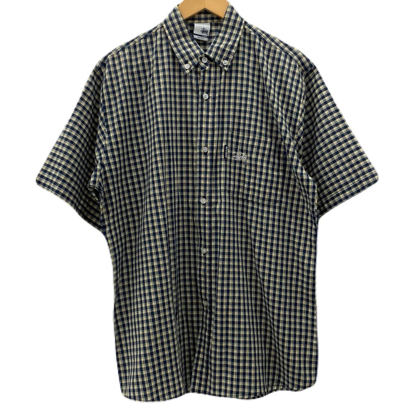 【中古】STUSSY | ステューシー 00's　USA製　チェック柄　半袖シャツ ネイビー×グリーン×イエロー サイズ：L【尾張小牧店】