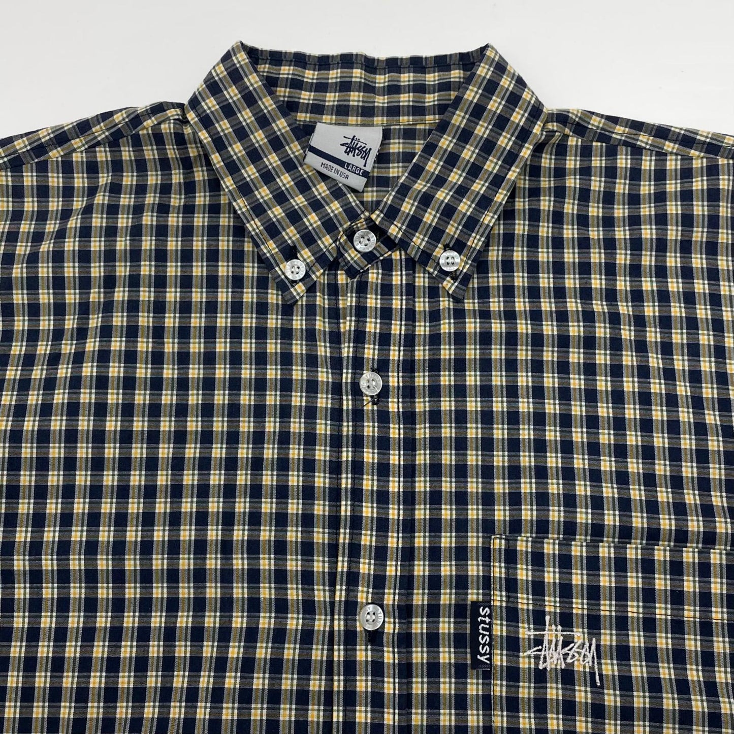 【中古】STUSSY | ステューシー 00's　USA製　チェック柄　半袖シャツ ネイビー×グリーン×イエロー サイズ：L【尾張小牧店】