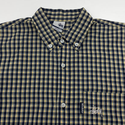【中古】STUSSY | ステューシー 00's　USA製　チェック柄　半袖シャツ ネイビー×グリーン×イエロー サイズ：L【尾張小牧店】