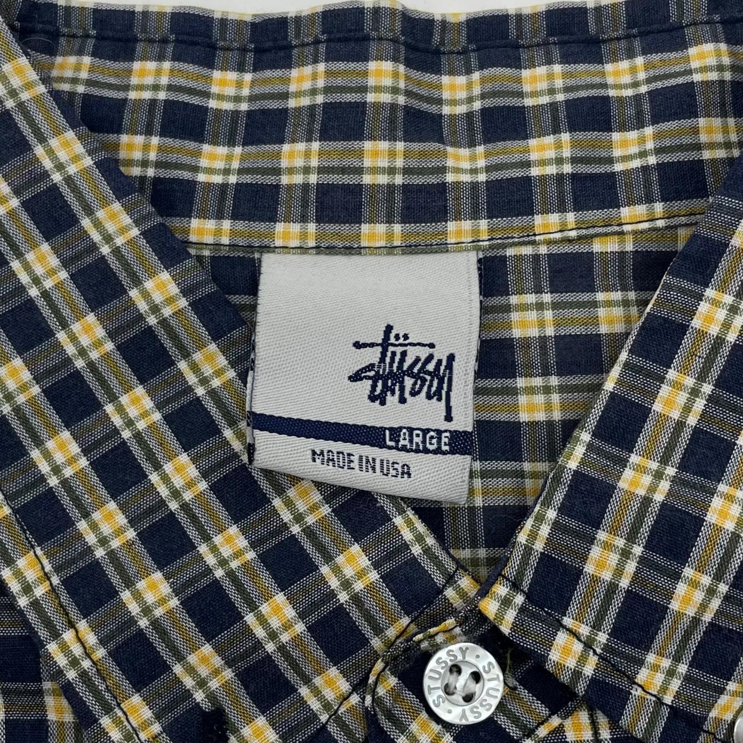 【中古】STUSSY | ステューシー 00's　USA製　チェック柄　半袖シャツ ネイビー×グリーン×イエロー サイズ：L【尾張小牧店】