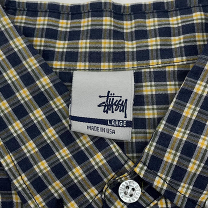 【中古】STUSSY | ステューシー 00's　USA製　チェック柄　半袖シャツ ネイビー×グリーン×イエロー サイズ：L【尾張小牧店】