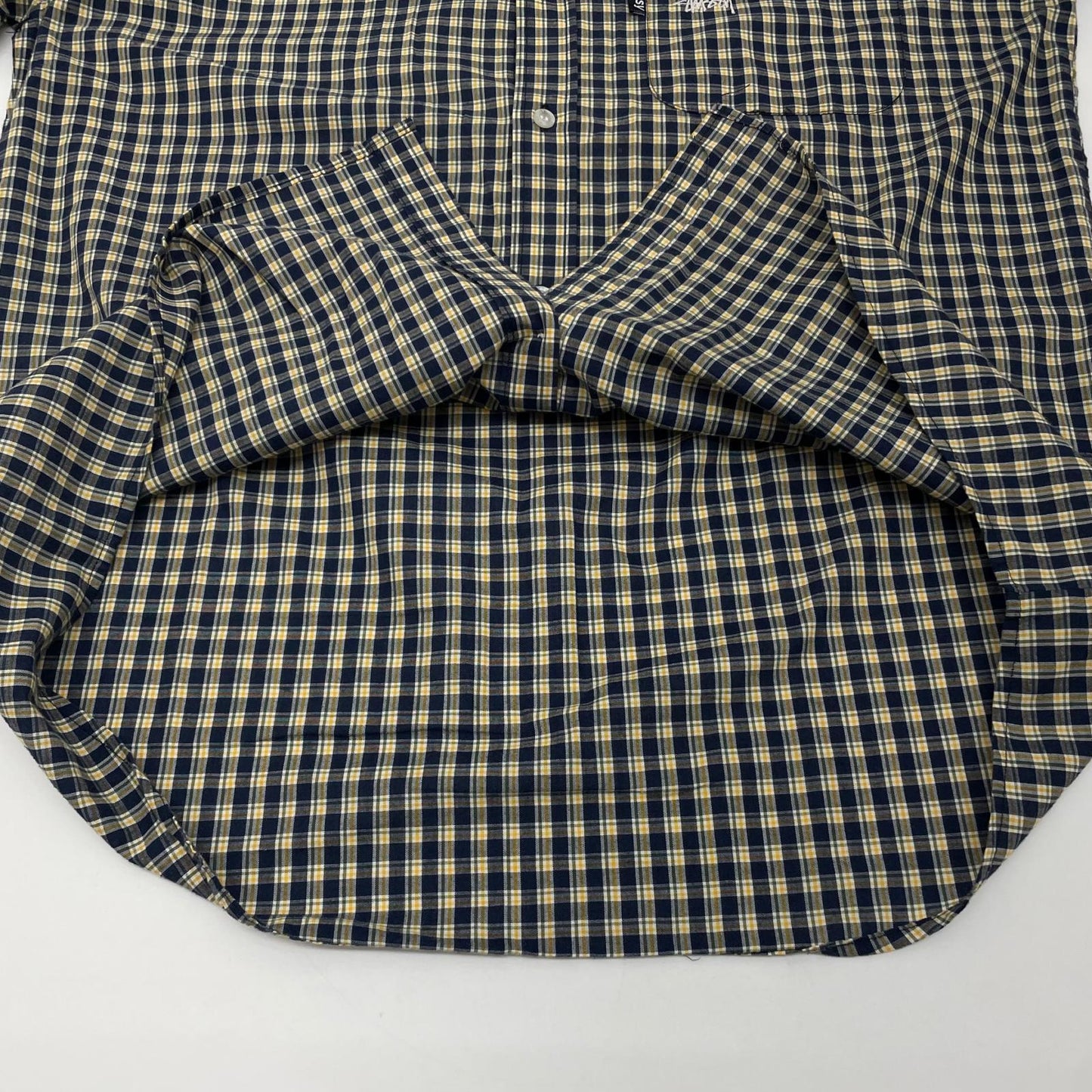 【中古】STUSSY | ステューシー 00's　USA製　チェック柄　半袖シャツ ネイビー×グリーン×イエロー サイズ：L【尾張小牧店】