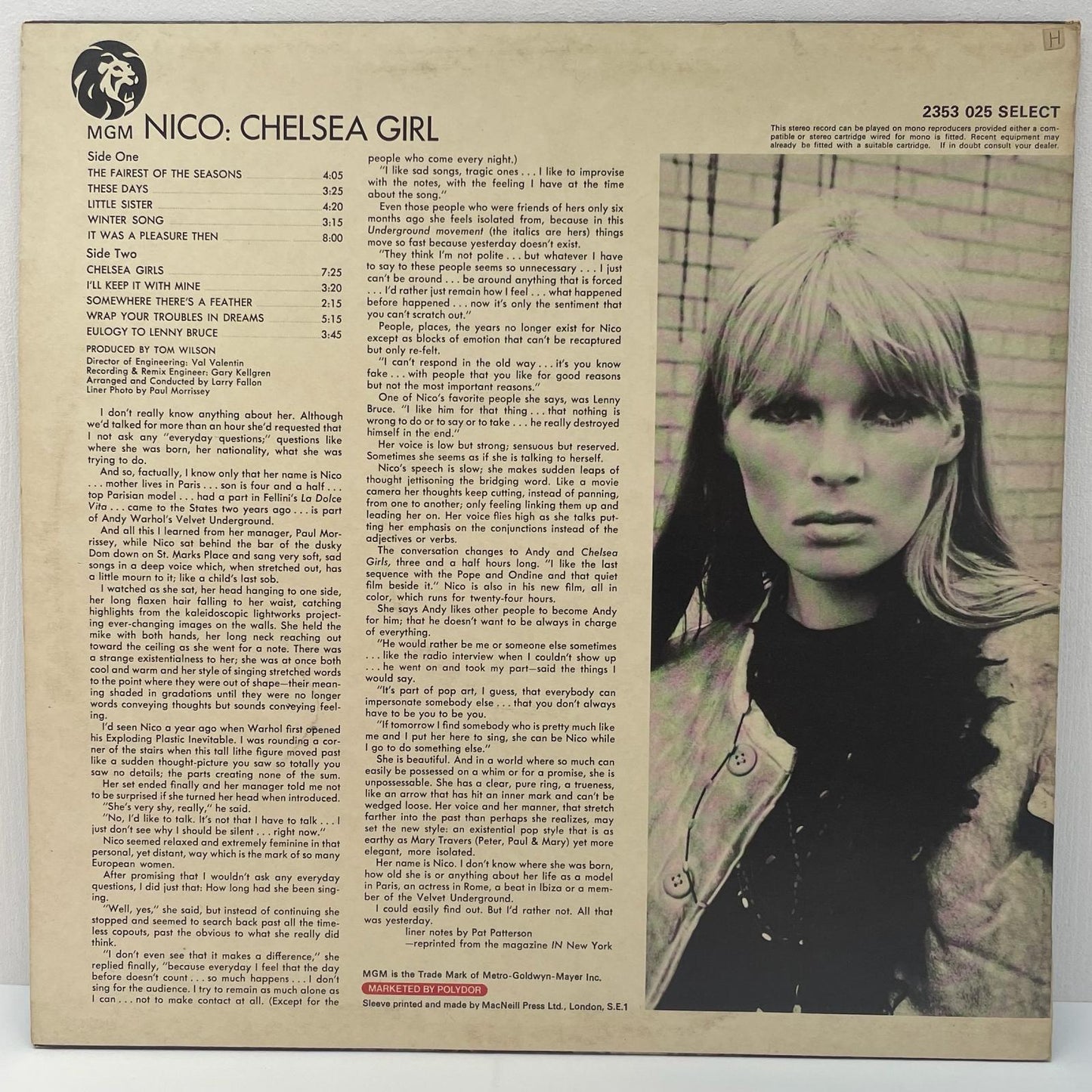 【尾張小牧店】LP NICO / CHELSEA GIRL 2353 025　MGM青金ライオンレベル / マトA//1 ▽420刻印【レトロ】【中古】