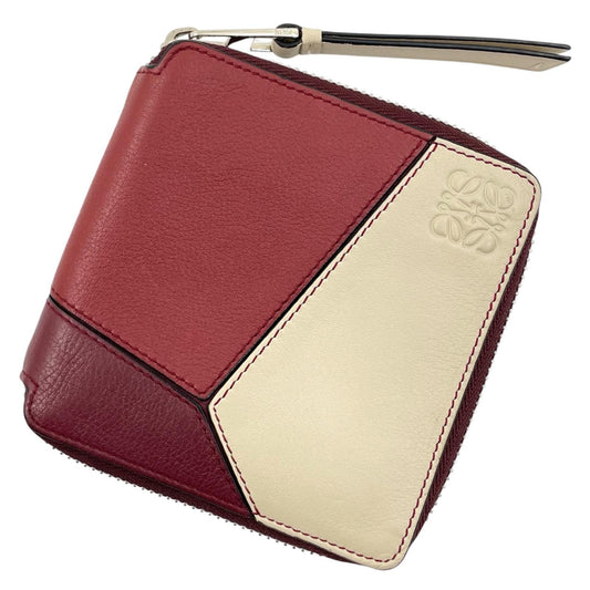 【中古】LOEWE | ロエベ パズル スクエア ジップウォレット ラウンドファスナー コンパクトウォレット 二つ折り財布 レッド×アイボリー【尾張小牧店】