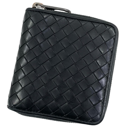 【中古】BOTTEGA VENETA | ボッテガヴェネタ イントレチャート コンパクトウォレット ラウンドファスナー 二つ折り財布 ブラック【尾張小牧店】