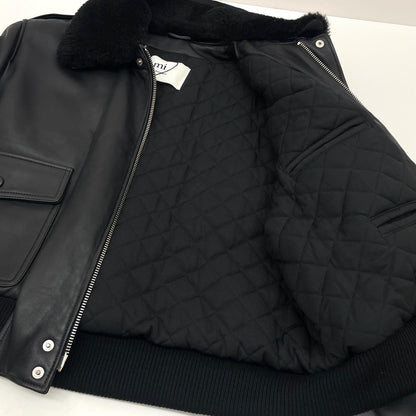 【中古】AMI | アミ 襟ボア取り外し可能　レザージャケット UJK080.552 ブラック サイズ：XXL【尾張小牧店】