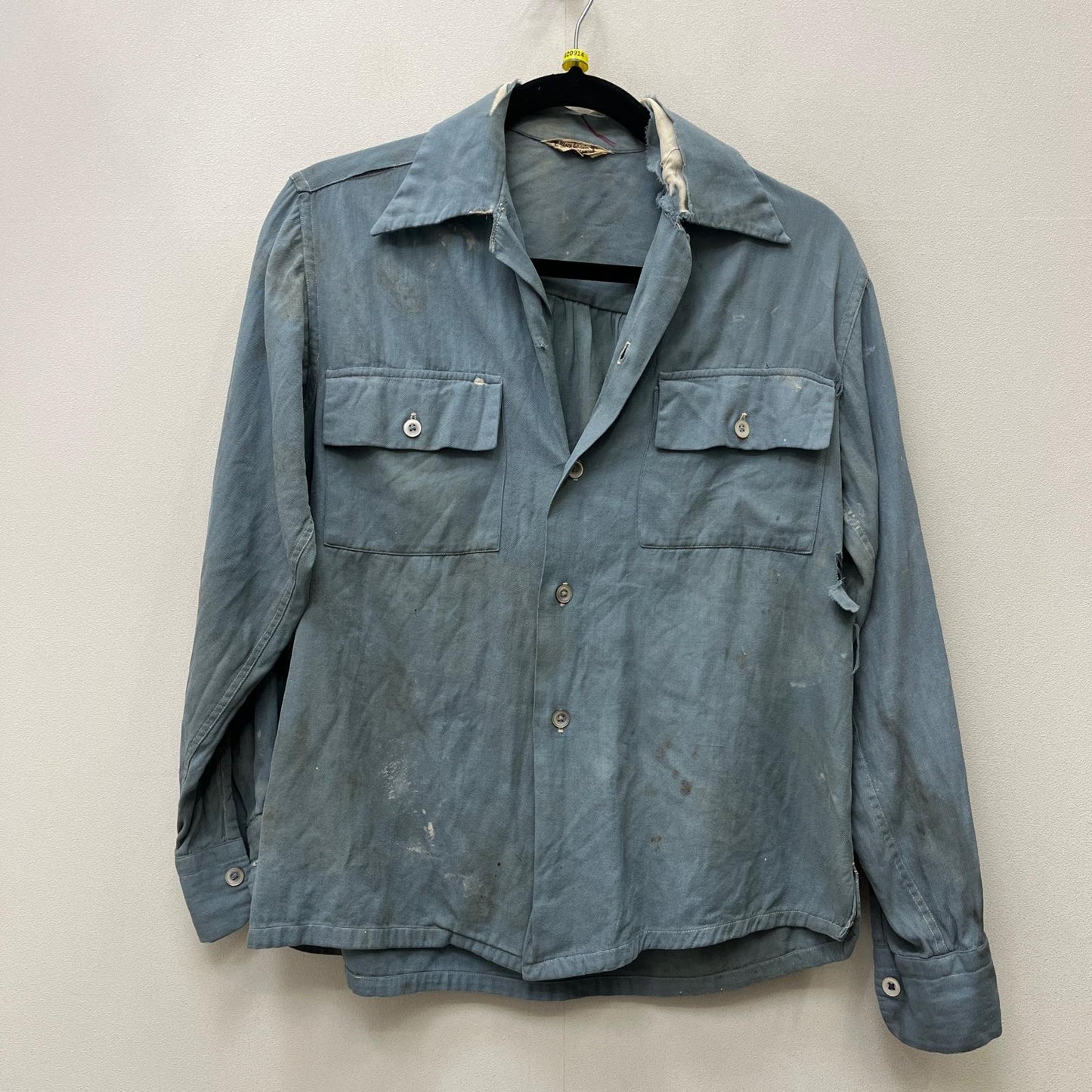 【中古】VINTAGE衣料 | ヴィンテージイリョウ rayon shirt ロングポイント、マチ付き、シェルボタン 長袖シャツ ライトブルー【加古川店】