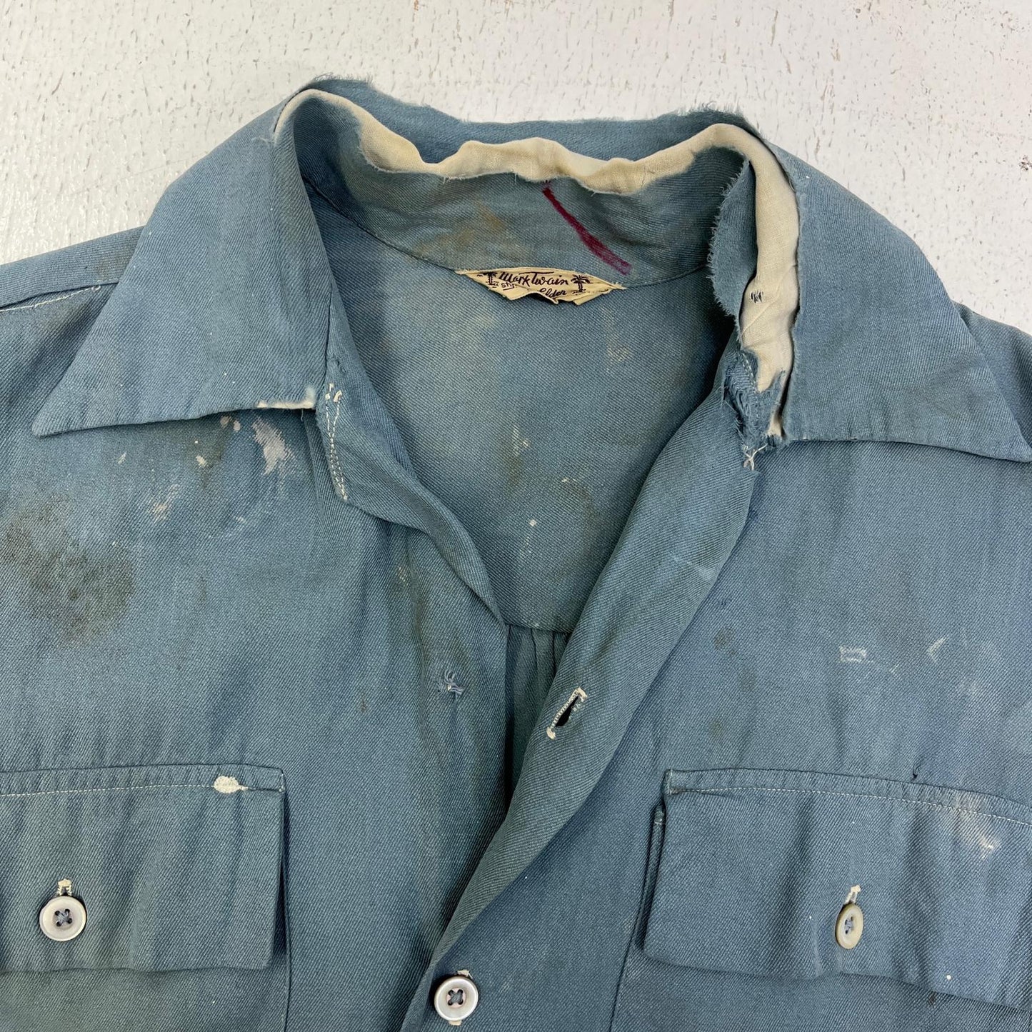 【中古】VINTAGE衣料 | ヴィンテージイリョウ rayon shirt ロングポイント、マチ付き、シェルボタン 長袖シャツ ライトブルー【加古川店】
