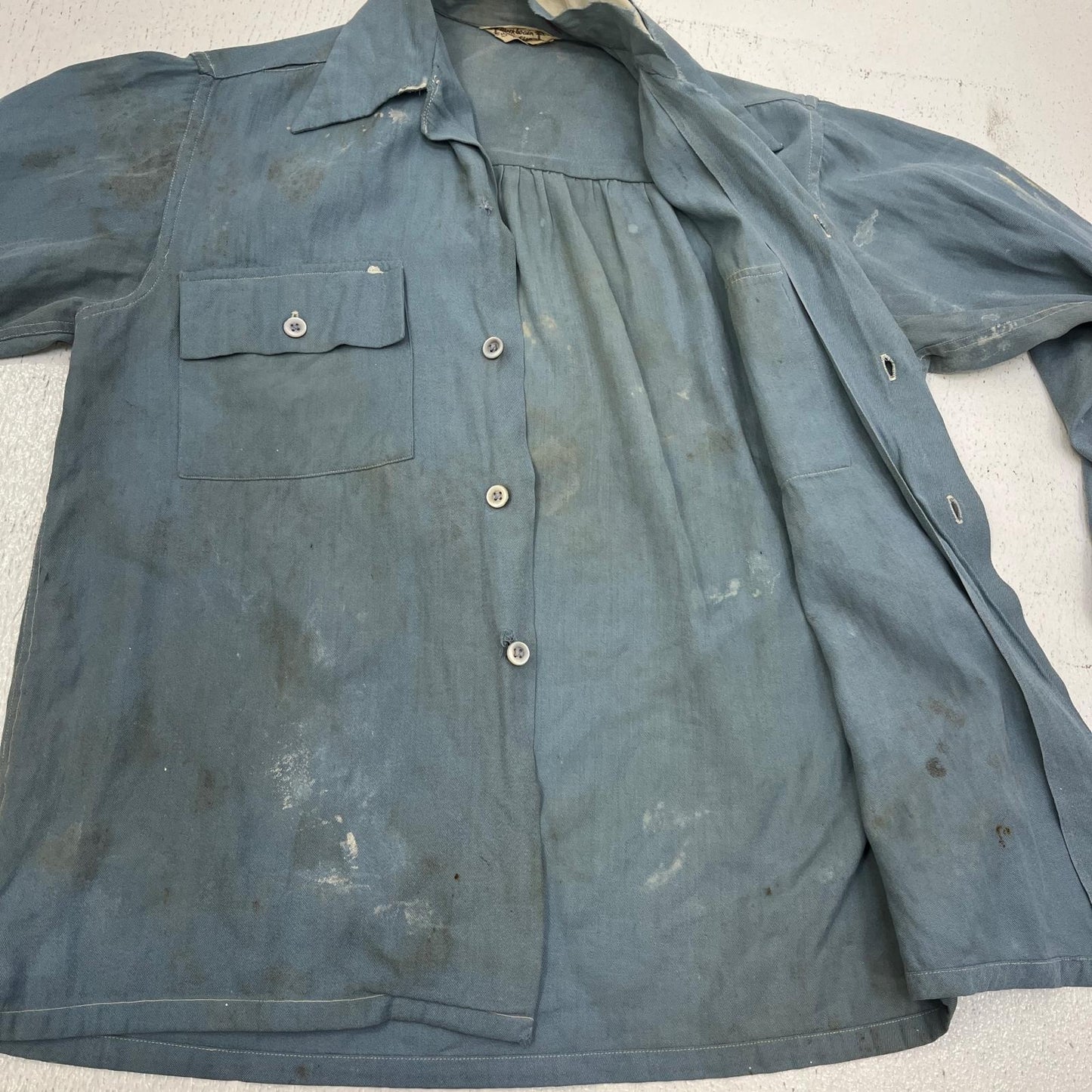 【中古】VINTAGE衣料 | ヴィンテージイリョウ rayon shirt ロングポイント、マチ付き、シェルボタン 長袖シャツ ライトブルー【加古川店】