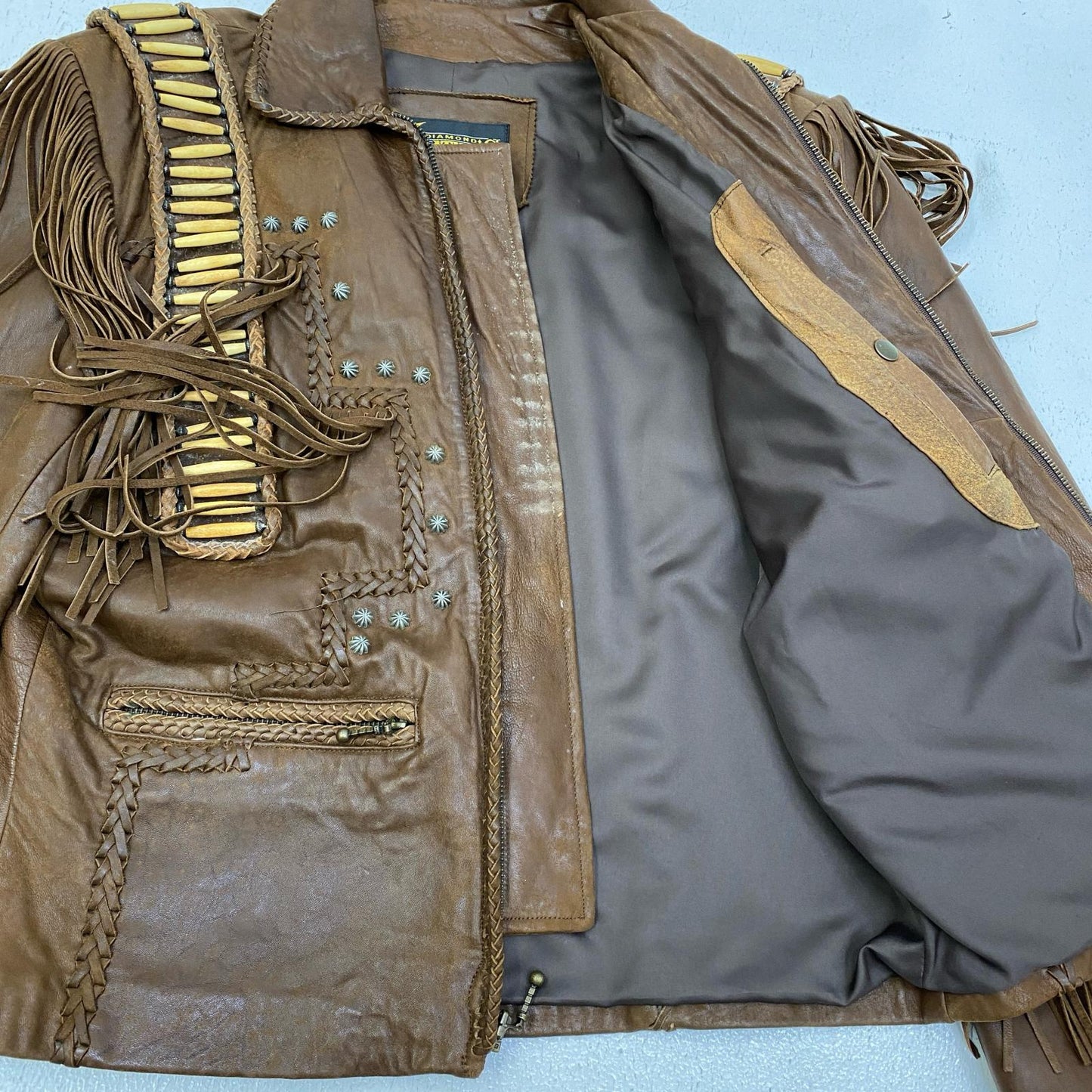【中古】 diamond leathers:fringe jacket USA製 レザー ブラウン サイズ：48【加古川店】