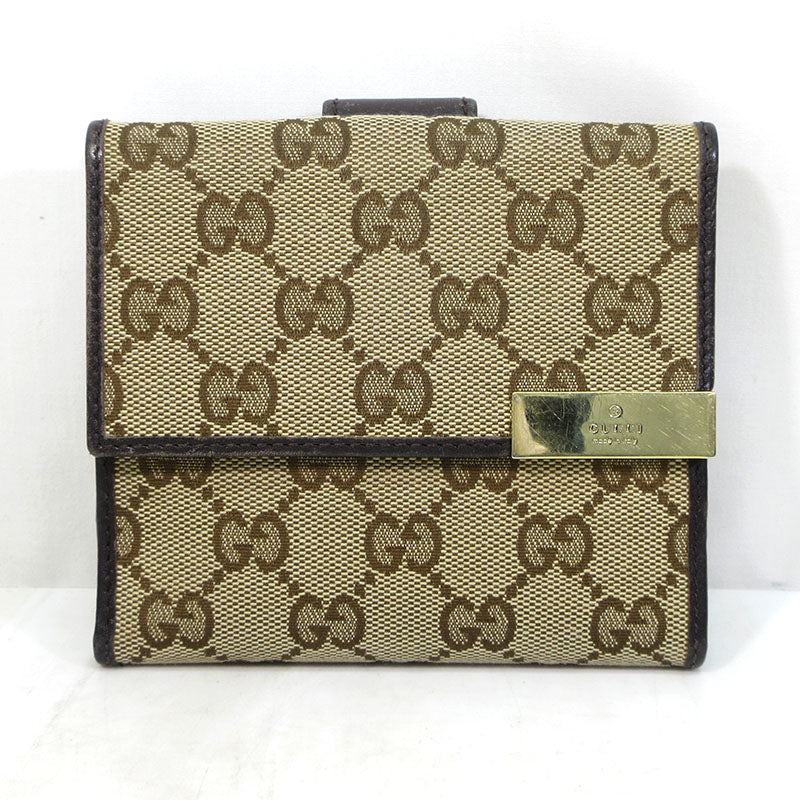 GUCCI | グッチ GGキャンバス メタルプレート Wホック 二つ折り財布 ウォレット 二つ折り財布 257015 496085 ベージュ系×ブラウン系【三重本店】
