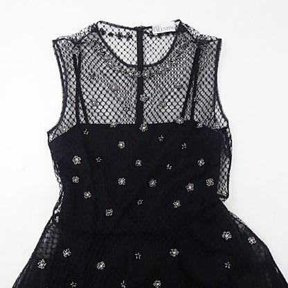【中古】REDValentino | レッドヴァレンティノ ドットメッシュラインストーンフラワー刺繍 ドレス WR0VA20C663 ブラック サイズ：38