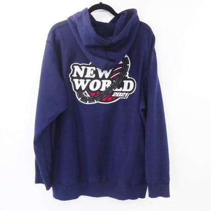 【中古】HELLRAZOR | ヘルレーザー NEW WORLD EMBROIDERED? パーカー ネイビー サイズ：XL