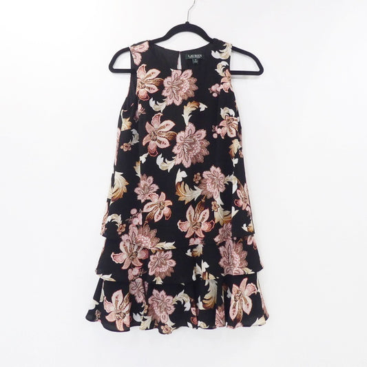 【中古】RALPH LAUREN | ラルフローレン ノースリーブ花柄ティアード ワンピース ブラック