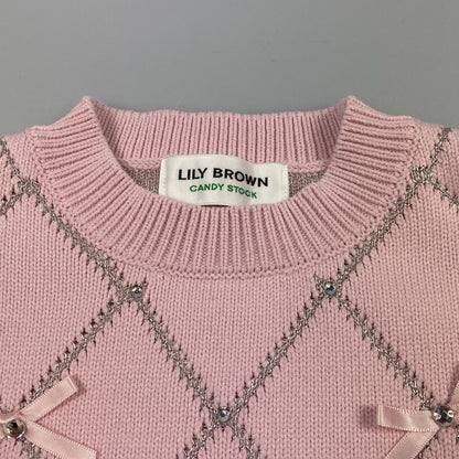 【中古】Lily Brown | リリーブラウン ビジューリボンニットトップス セーター LWNT241804 ピンク