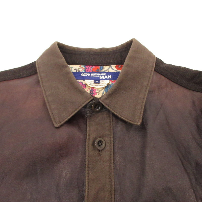【中古】JUNYA WATANABE COMME des GARCONS MAN | ジュンヤワタナベコムデギャルソンマン ホースレザー異素材切替 長袖シャツ WS-B001 ブラウン サイズ：M