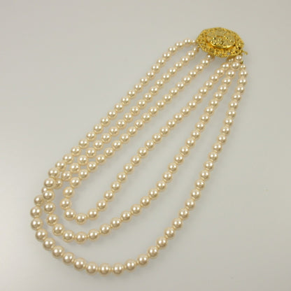 【中古】 フラワーモチーフ/3連パール ネックレス