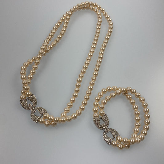 【中古】 リボン/2連パール ネックレス