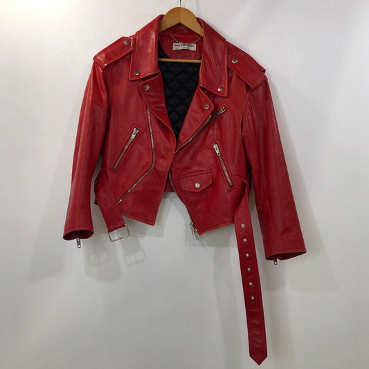 【中古】BALENCIAGA | バレンシアガ スウィングバイカーライダースジャケット レザー 457891 TSH09 2016A/W 国内正規品 レッド サイズ：34