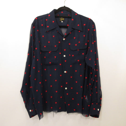 【中古】Needles | ニードルス Heart Print Shirt 長袖シャツ EJ186 カットオフ加工 ネイビー サイズ：M
