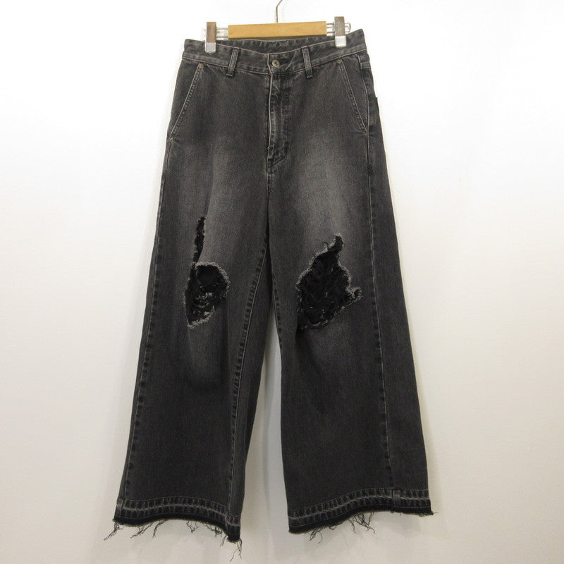 DAMAGE WIDE DENIM PANTS Denim Pants 10210801-4 Black Size: 2
