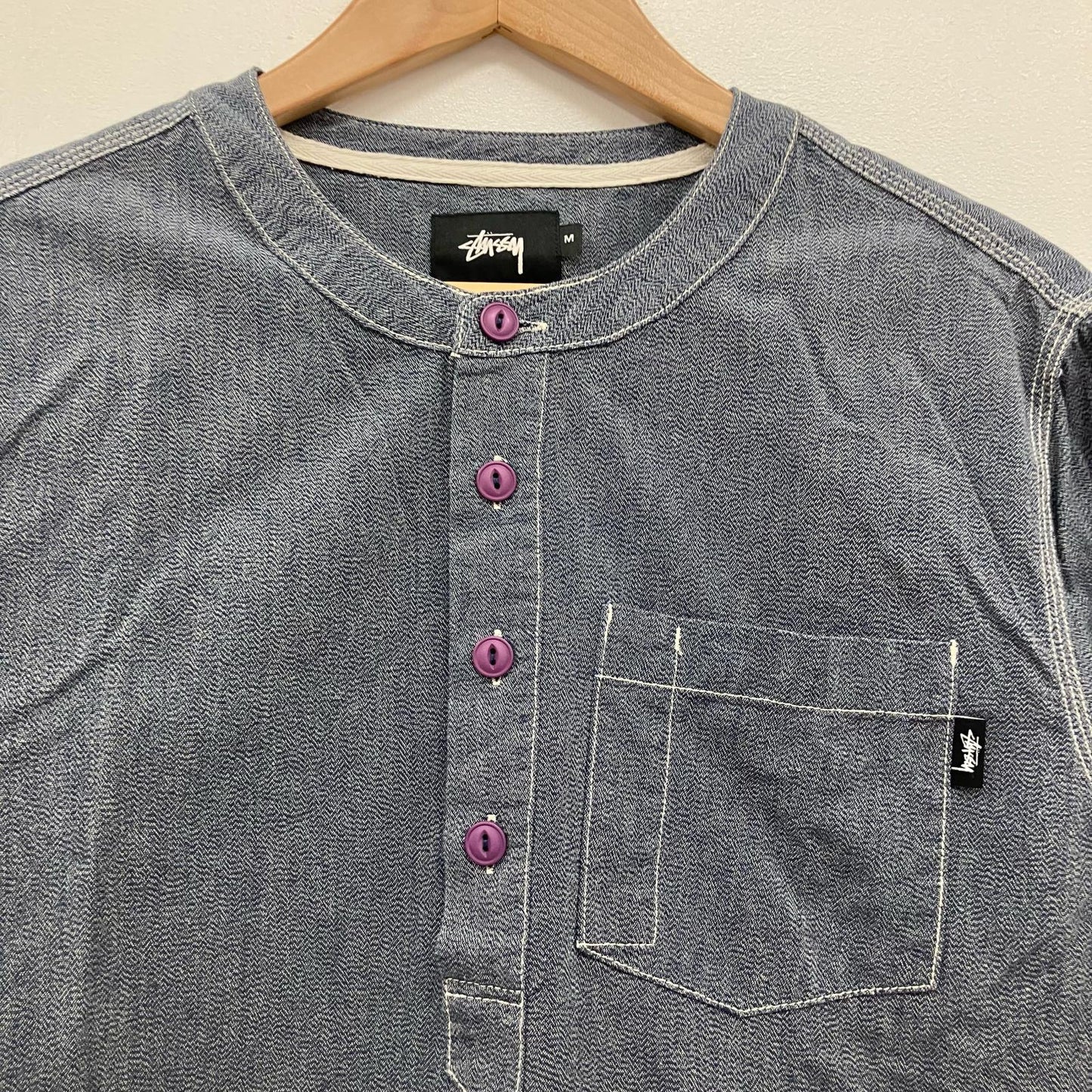 STUSSY | ステューシー ヘンリーネックシャンブレーシャツ 長袖シャツ グレー サイズ：M【イオン広店】