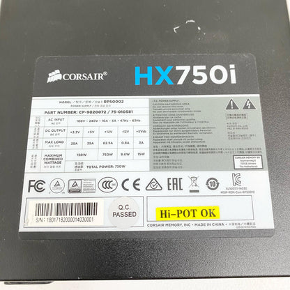 Corsair HX750i ATX電源ユニット 750W PCIE6+2x2 CPU4+4x1 付属ケーブル：AC 24PIN/CPU8PIN/PCIE6+2PIN/SATA 各1本のみ【加古川店】