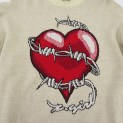 【中古】X-girl | エックスガール HEART BARBED WIRE JACQUARD KNIT TOP ニット 105244015004 ベージュ サイズ：FreeSize【瀬戸大橋店】
